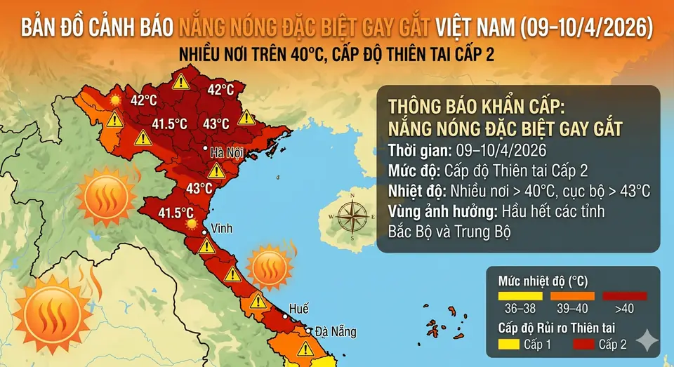 Nắng Nóng Đặc Biệt Gay Gắt 09–10/4/2026 – Nhiều Nơi Trên 40°C, Cấp Độ Thiên Tai Cấp 2
