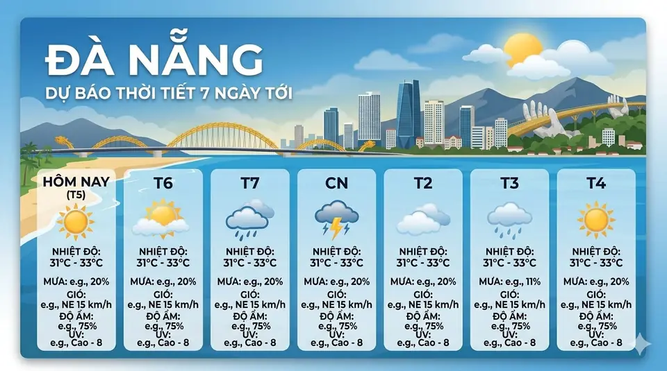 Dự báo thời tiết Đà nẵng 7 ngày tới (từ 23/04/2026): Mưa nhẹ, nhiệt độ 28-30°C