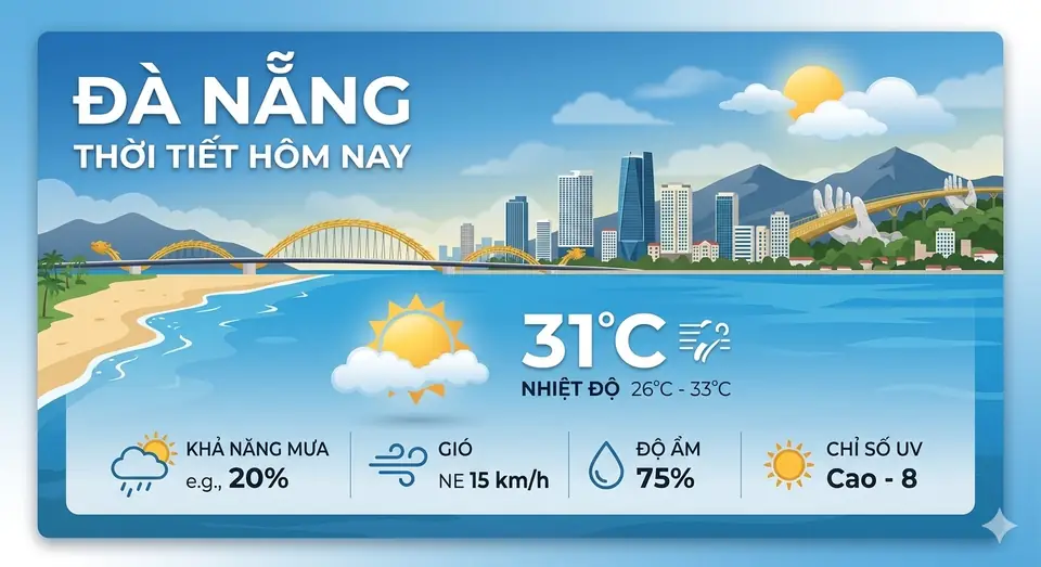 Thời tiết Đà nẵng hôm nay 24/04/2026: Mây cụm 27°C, gió mạnh 31.5km/h