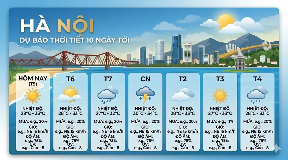 Dự báo thời tiết Hà Nội 10 ngày tới (từ 24/04/2026): Mây âm u, có mưa rải rác
